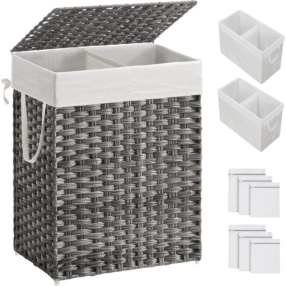 SONGMICS Panier à linge avec couvercle, panier à linge de 90 l avec 2 sacs à doublure amovible et 6 sacs en maille, panier à linge en osier, panier à linge double pour salle de bain, 33 x 45 x 60 cm, : Cuisine et Maison