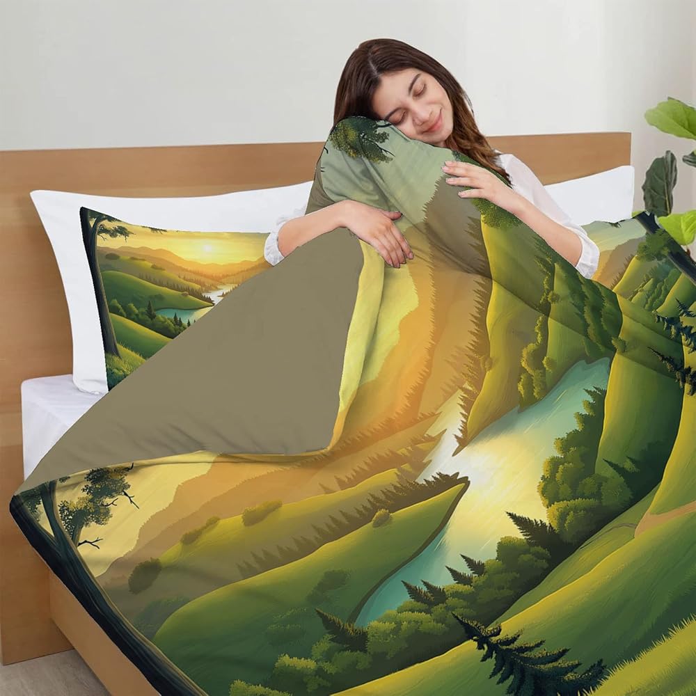 MULERN Parure de lit Coucher De Soleil Collines, Parure de Couette pour Enfants, Paysage Plantes Douce Microfibre Respirante 240x260cm Housse de Couette avec Fermeture éclair et 2 taie d'oreiller : Cuisine et Maison