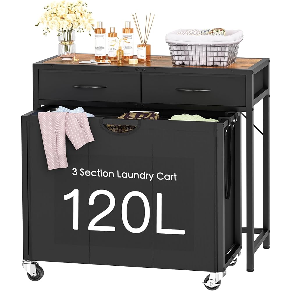 Panier à linge à roulettes avec 3 compartiments coulissants, panier à linge avec 2 tiroirs et panneau supérieur 2 tons, panier à linge avec roulettes pour l'organisation de la buanderie, salle de bain : Cuisine et Maison