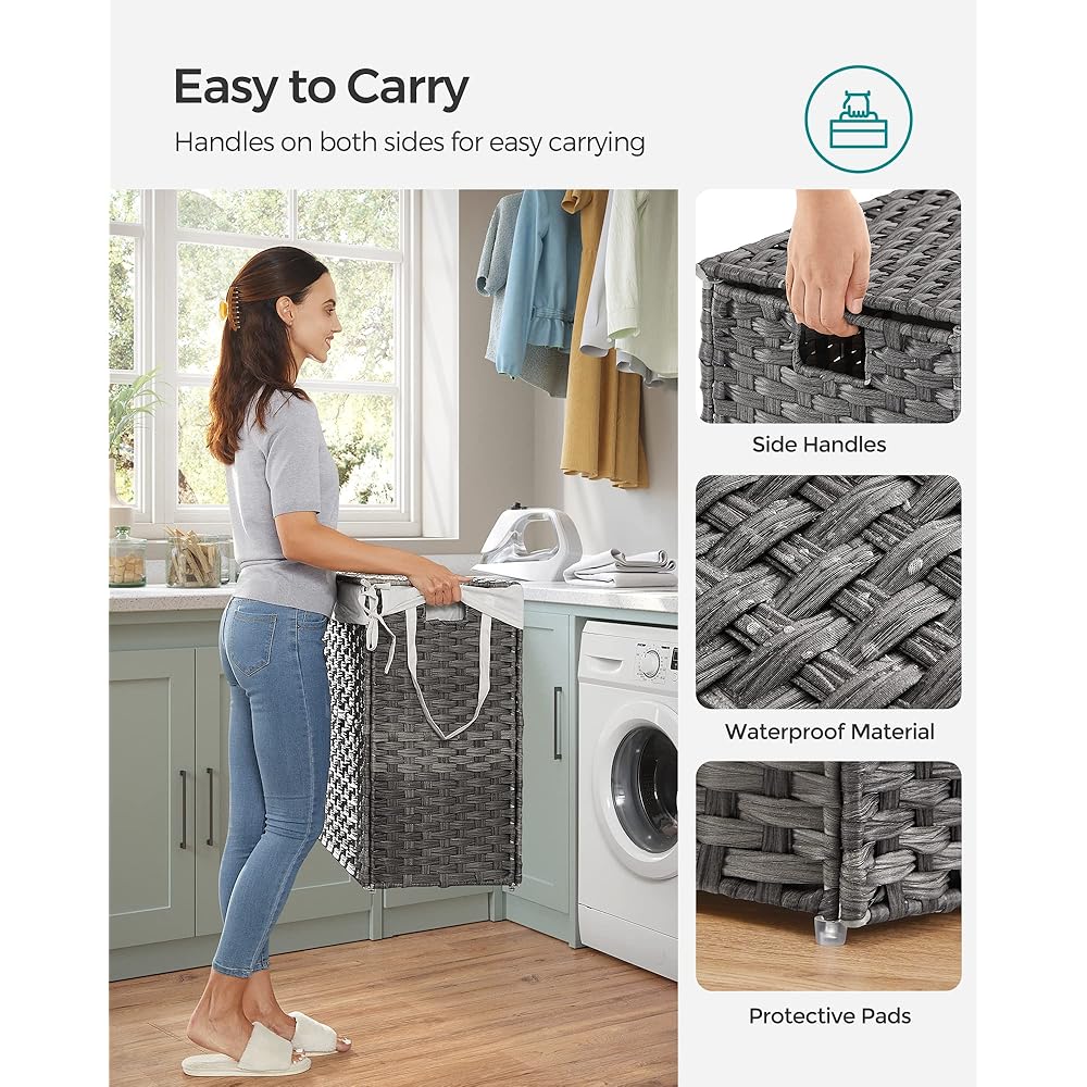 SONGMICS Panier à linge avec couvercle, panier à linge de 90 l avec 2 sacs à doublure amovible et 6 sacs en maille, panier à linge en osier, panier à linge double pour salle de bain, 33 x 45 x 60 cm, : Cuisine et Maison