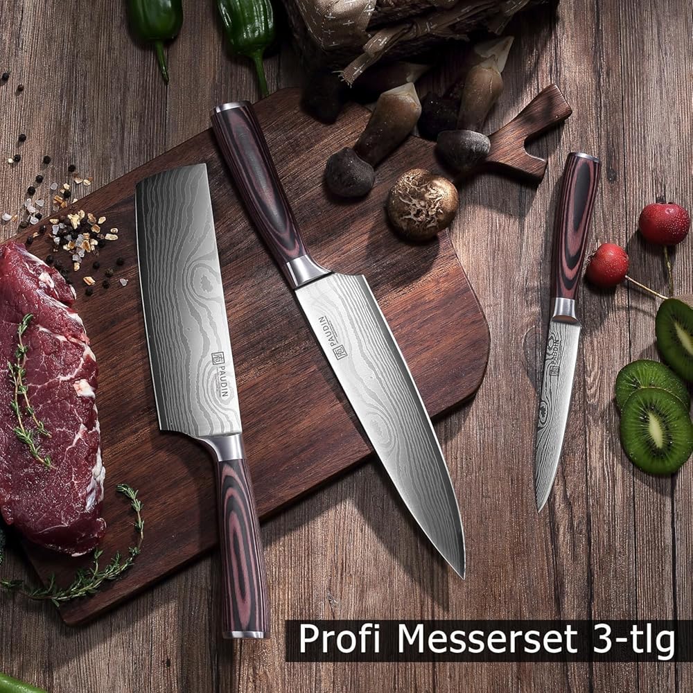 PAUDIN Couteau Cuisine Professionnel, Ensembles de Couteaux de Chef 20cm, Couteau de Cuisine 17cm, Couteau Japonais 13cm, Acier Inoxydable Allemand, Manche en Bois, pour Cuisine, Restaurant : Cuisine et Maison