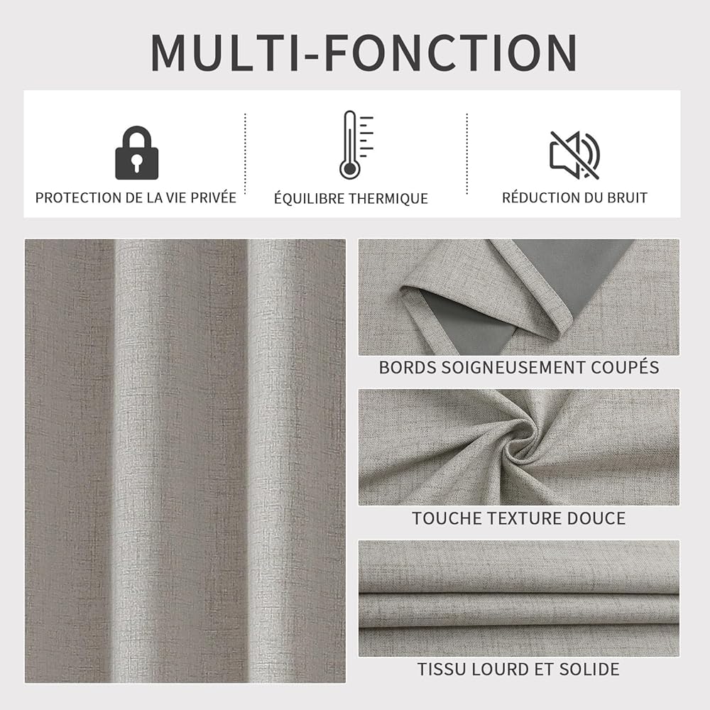 Joydeco 100% Rideau Occultant 2 Pièces, Lin Rideau Thermique Isolant Anti Chaleur Texturé Tenture Opaque à Oeillets Isolation Lumiere Anti UV Decoration Chambre Maison Salon Intérieurs : Cuisine et Maison