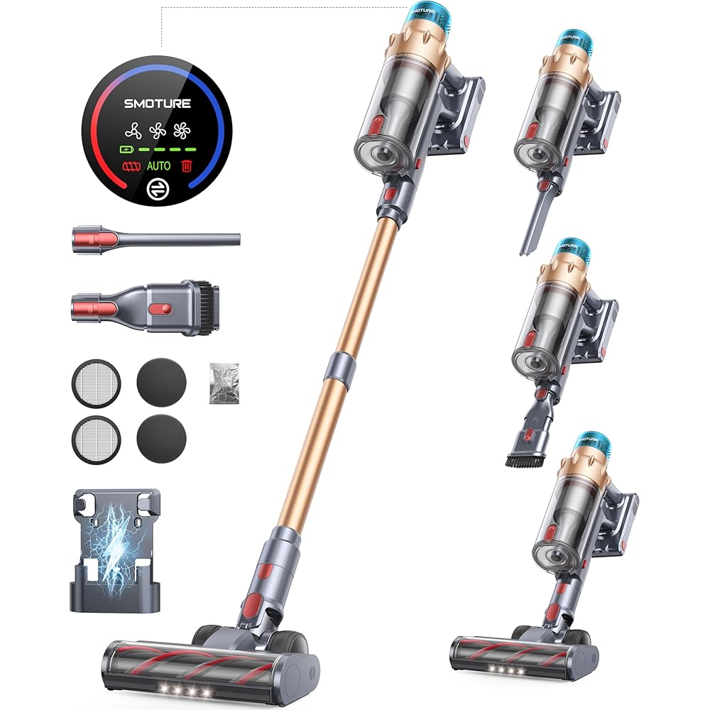Aspirateur Balai sans Fil SMOTURE,550W/ 45KPA/60min Autonomie Aspirateur Balai Puissant et Silencieux,Chargement Mural,Parfumés, Écrans Tactiles Couleur, 1,5L, Aspirateur sans Fil Nettoyage des Bords : Cuisine et Maison