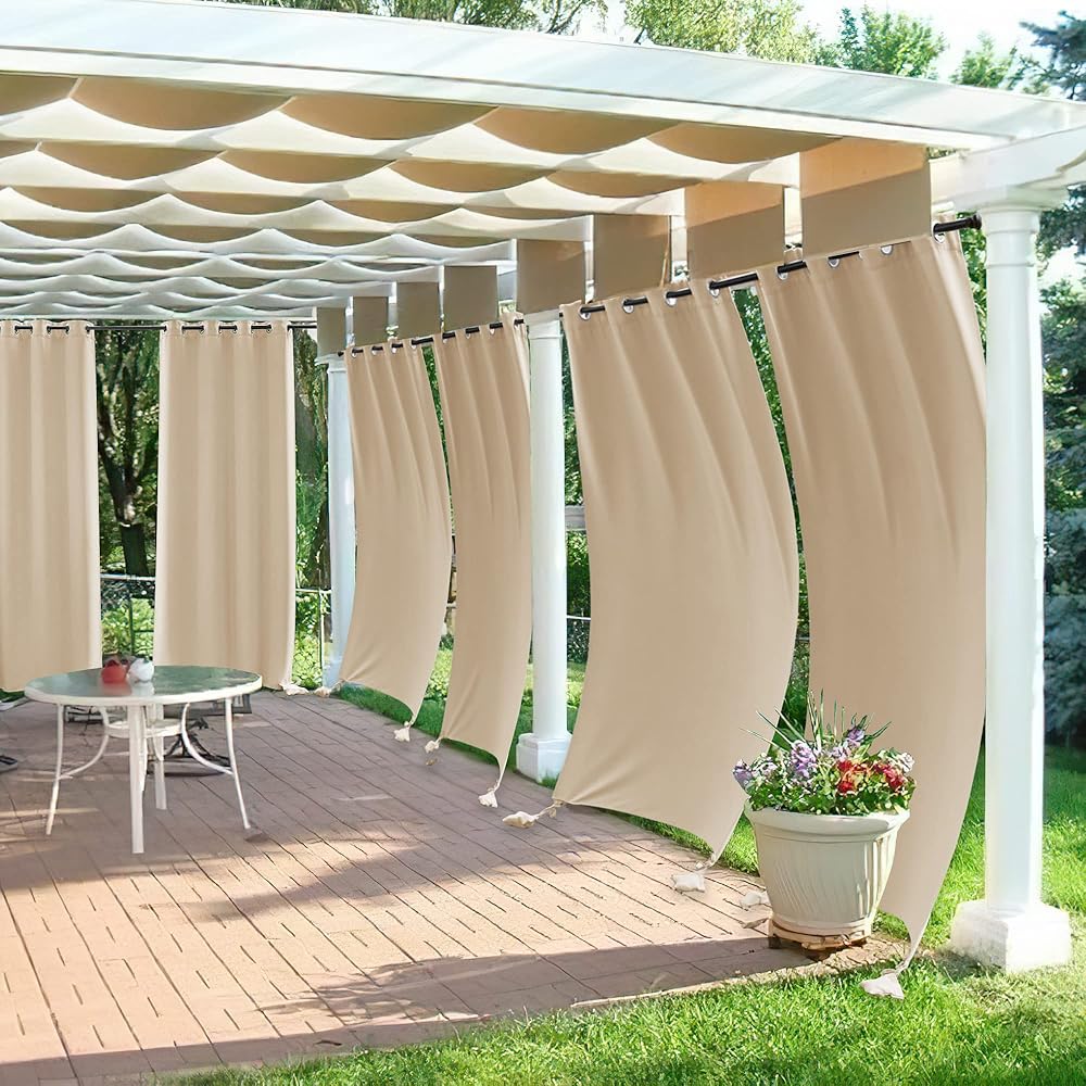 PONY DANCE Rideau pour Pergola - Rideaux d'Extérieur Contre Vent Occultant Thermique Imperméable pour Patio Terrasse Chambre Maison Douche de Piscine, 2 Pcs, 132cm x 243, Jaune Beige : Jardin