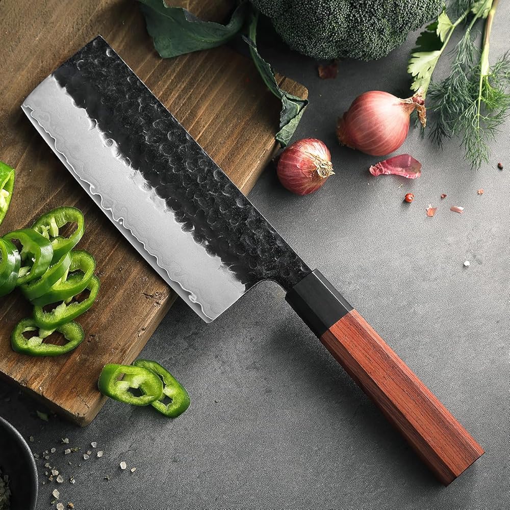 HEZHEN Couteau Nakiri Style japonais Couteau Couteau, Multi-Usages Couteau de chef Asiatique Pour Trancher la Viande et les Légumes, Manche Octogonal Ergonomique en Bois Rouge : Cuisine et Maison