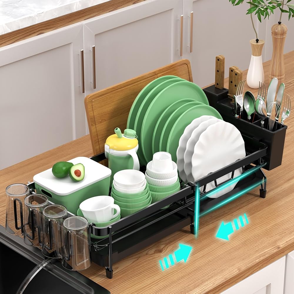 DMTXCRP Égouttoir à vaisselle extensible, réglable avec égouttoir, couverts et porte-gobelets, égouttoir à vaisselle noir antirouille pour évier de cuisine petit et grand : Cuisine et Maison