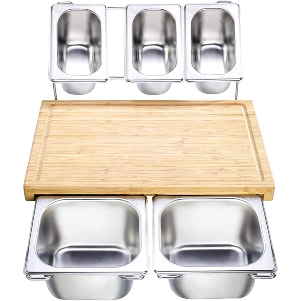 Sitaitong Planche à découper en bois de bambou de qualité supérieure, 43 x 28 cm, avec 5 bacs de récupération en acier inoxydable, avec support et trille à jus : Cuisine et Maison