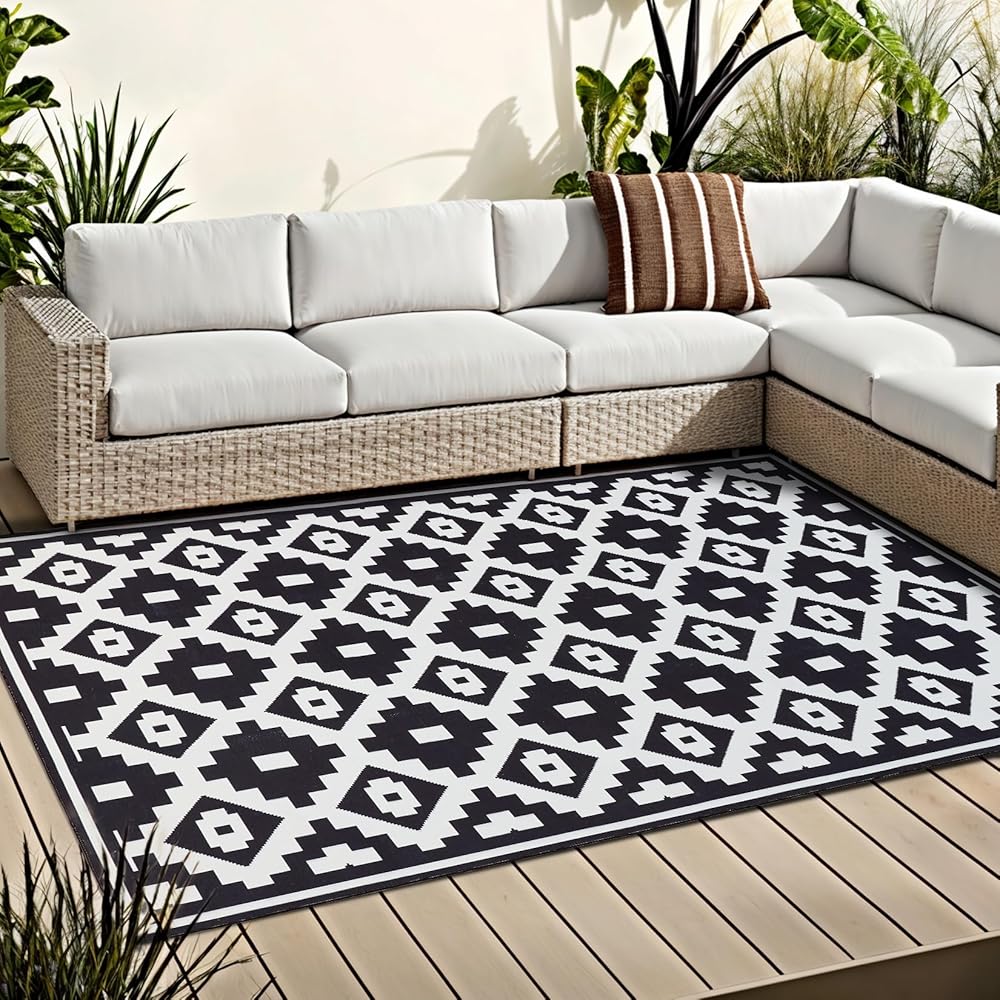 OMERAI Tapis moderne lavable 150 x 240 cm, noir/blanc, antidérapant, résistant aux taches, pour intérieur et extérieur : Cuisine et Maison