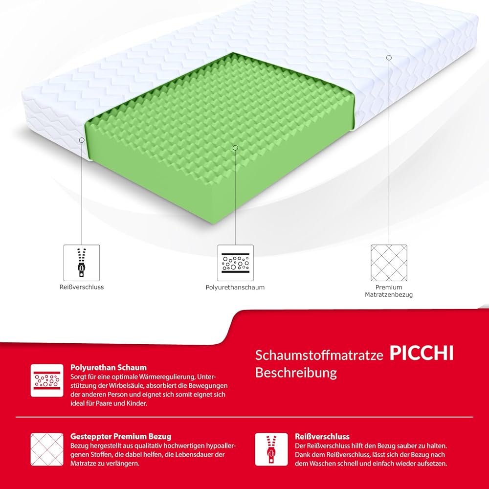 FDM PICCHI Matelas 140x190 cm Mousse à Mémoire de Forme Épaisseur 12 cm Fermeté H3 Matelas à Deux Faces 7 Zones de Confort Housse Lavable Oeko-TEX Hypoallergénique : Cuisine et Maison
