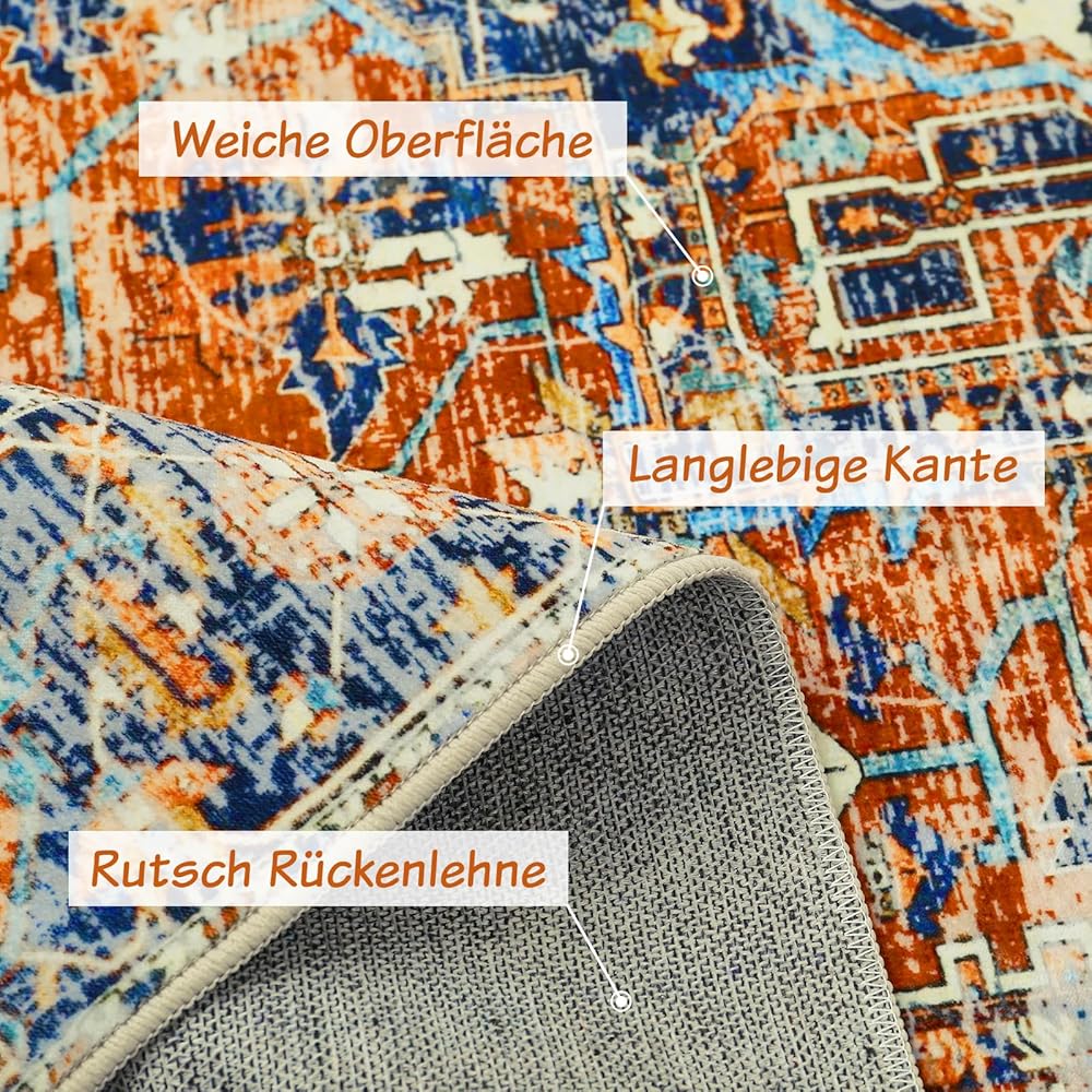 WONGS BEDDING Tapis de salon, 140 x 200 cm, style bohème à poils courts, pour salle à manger, chambre à coucher, lavable, antidérapant, en laine synthétique tapis, orange : Cuisine et Maison
