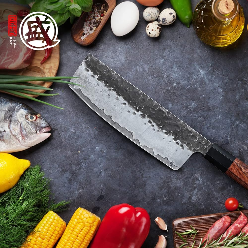 MITSUMOTO SAKARI Couteau Japonais Nakiri de 18 cm, Couteau Cuisine Professionnels Forgé à la Main, Couteau à Légumes en Acier à Haute Carbone (Manche en Bois de Rose et Boutique Boîte en Bois) : Cuisine et Maison