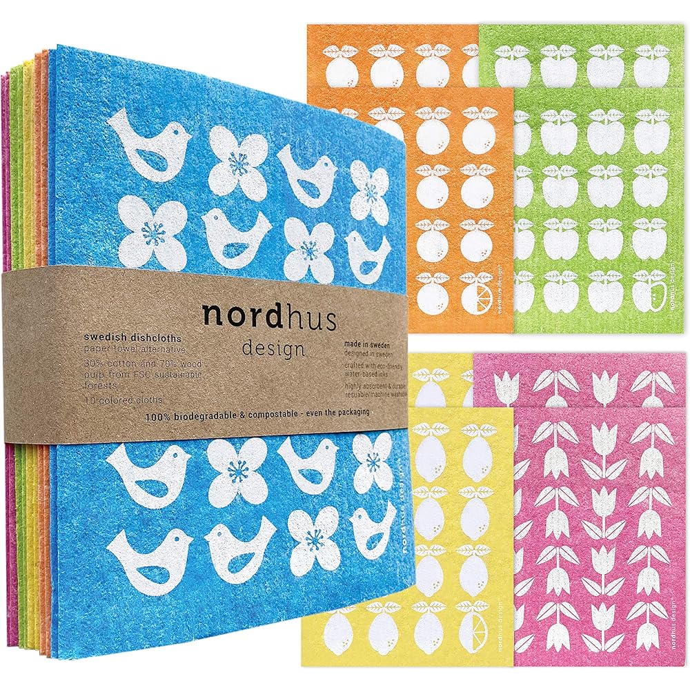 Nordhus Design Lot de 10 torchons suédois, fabriqués en Suède, réutilisables, lavables en coton cellulose, pour remplacer les serviettes en papier, les lingettes, les éponges, les chiffons à vaisselle : Cuisine et Maison