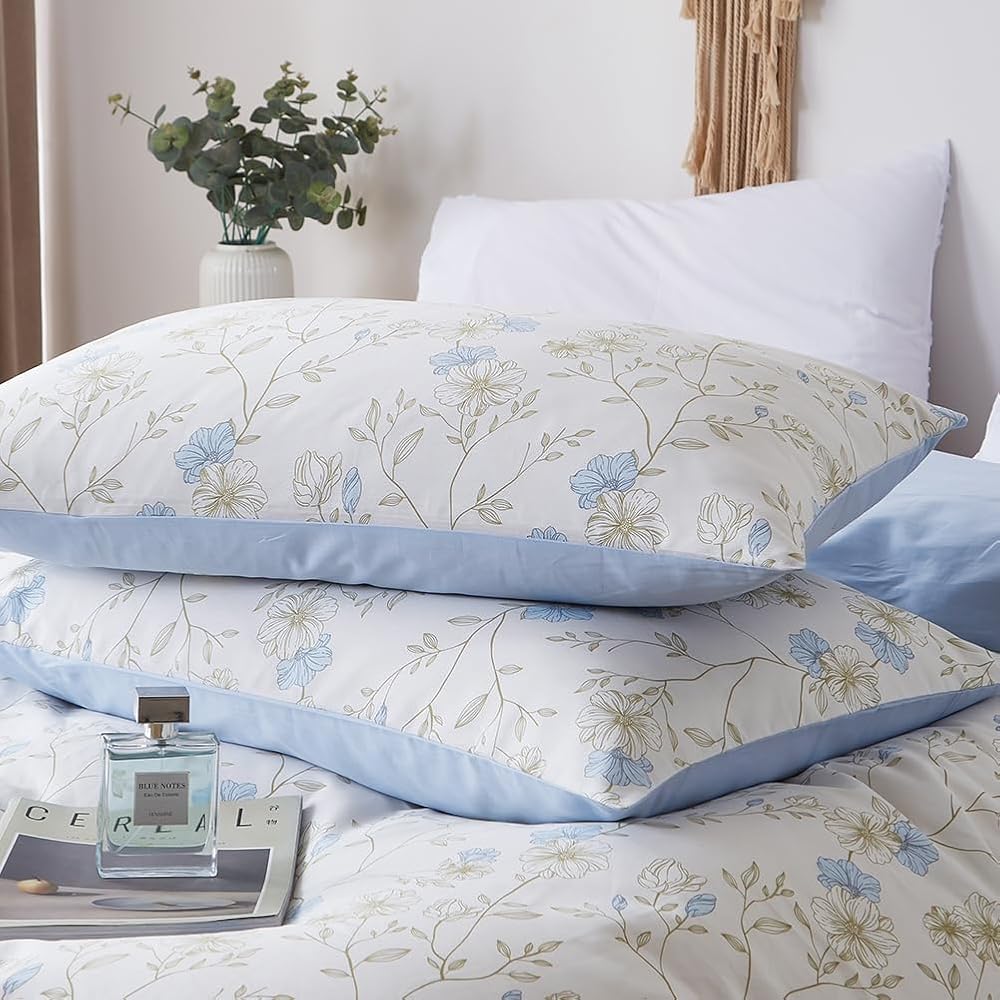 Michorinee Housse de Couette Coton 220x240 Fleurs Bleu et Blanc - 100% Coton Parure de Lit Motif Floral - Parure Housse Couette 2 Personnes avec 2 Taies d'oreiller 65x65 cm Fermeture Éclair : Cuisine et Maison