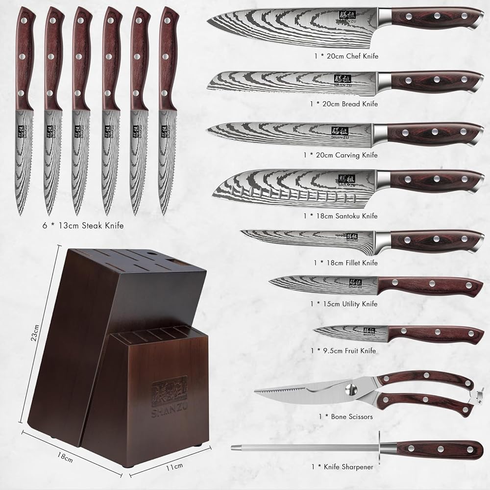 SHAN ZU Ensemble de Couteaux, 16 PCS Ensemble de Couteaux de Cuisine en Acier Inoxydable Allemand pour la Cuisine avec Bloc, Set de Couteaux de Chef Professionnel Ultra-tranchant avec Aiguiseur : Cuisine et Maison