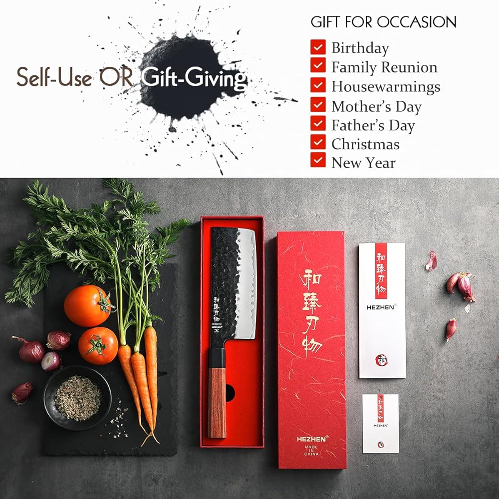 HEZHEN Couteau Nakiri Style japonais Couteau Couteau, Multi-Usages Couteau de chef Asiatique Pour Trancher la Viande et les Légumes, Manche Octogonal Ergonomique en Bois Rouge : Cuisine et Maison