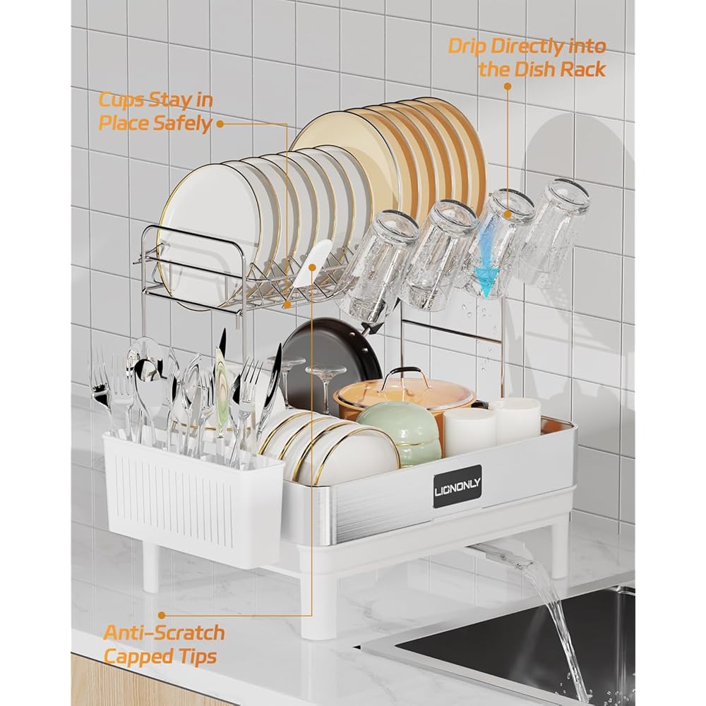 LIONONLY Égouttoir à Vaisselle 2 Niveaux, Acier Inoxydable 304 Sécher la Vaisselle, Vaisselle de Cuisine avec Porte-Gobelets et Porte-Ustensiles et Buse Rotative,Egouttoir Vaisselle sur Evier : Cuisine et Maison