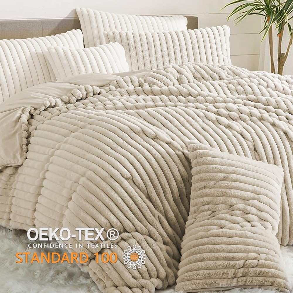 Sedefen Housse de Couette 240x260 cm Beige Peluche Flanelle Hiver Chaude Duveteuse Parure de lit 2 Personnes + 2 Taies d'oreiller 65x65cm Adulte Ado Linge de lit Avez Fermeture Éclair : Cuisine et Maison