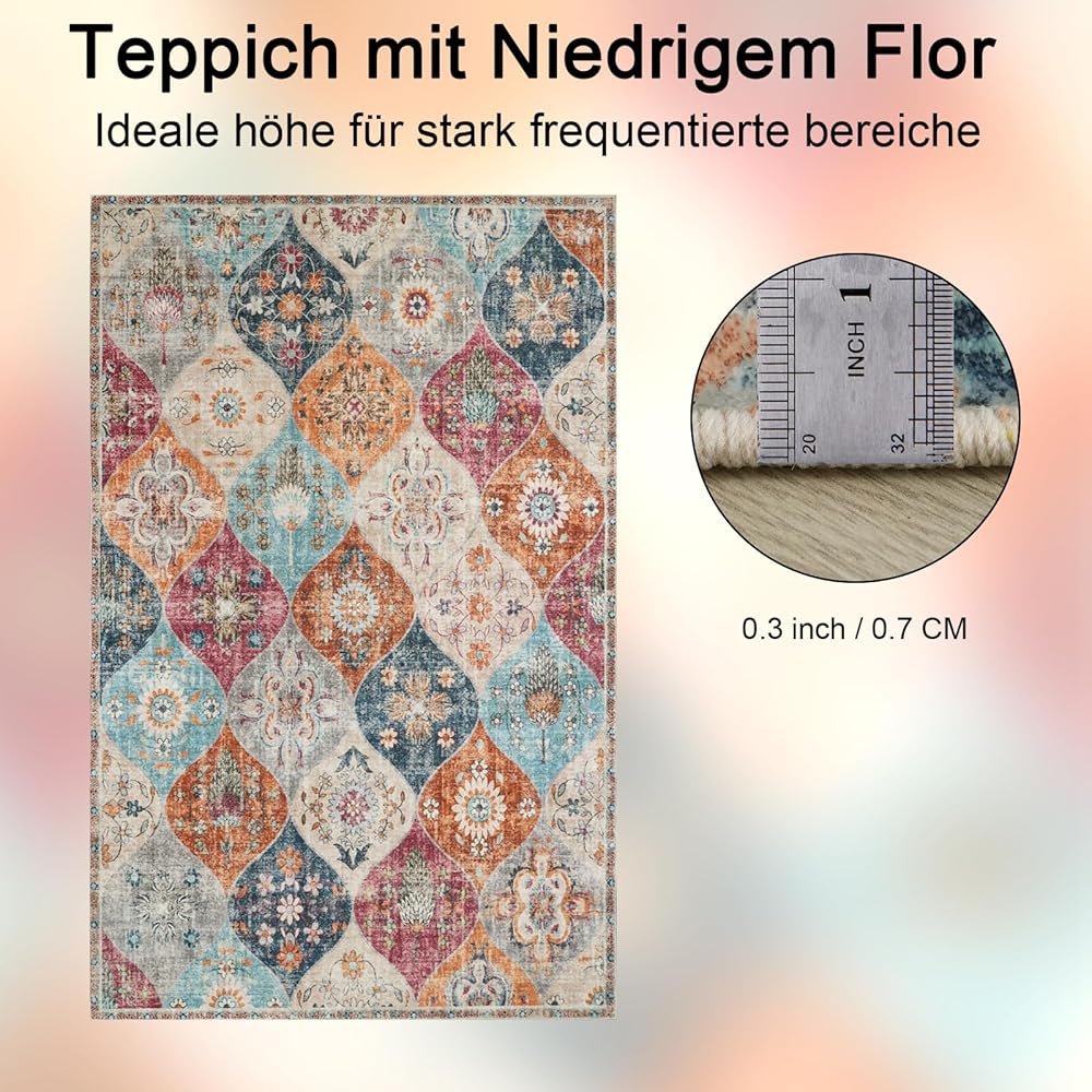 Xfrog Tapis bohème, antidérapant, lavable, ultra doux, antique, à poils bas, pour salon, chambre à coucher, chambre d'enfant, 160 x 230 cm : Cuisine et Maison