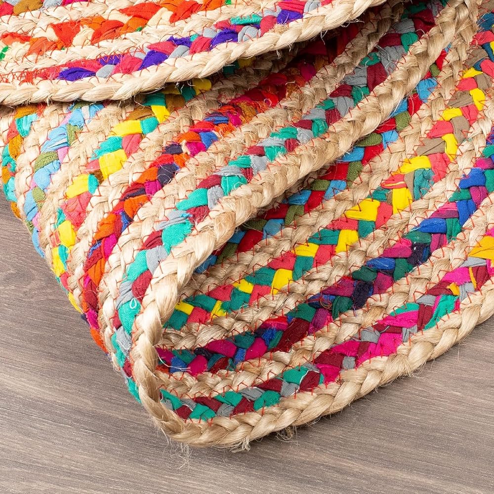 Gifiie Tapis Rond en Jute et Coton tressé à la Main à partir de Tissu Multicolore pour Votre Salon, Salle à Manger, Chambres et Cuisines fabriqué en Inde. (Multicolore, 150CM) : Cuisine et Maison