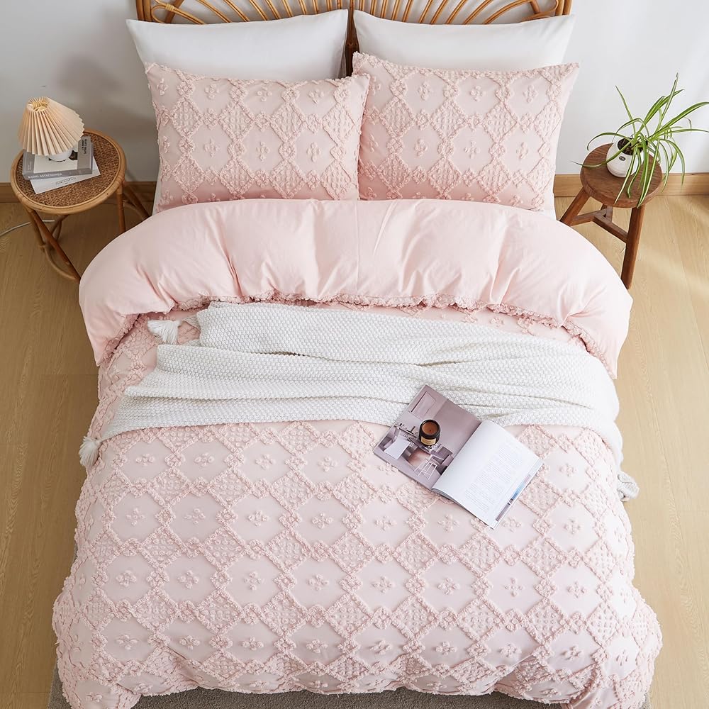 Tospass Housse de Couette Bohème Style 240x260cm Rose Tuftée Broderie Parure de lit Adulte Boho 2 Personnes avec Fermeture Éclair Parure Housse Couette en Microfibre avec 2 Taie d'oreiller 65x65cm : Cuisine et Maison