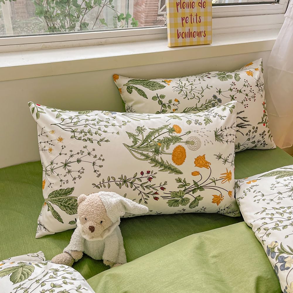 Nyescasa Housse de Couette 220x240 Coton Vert Blanc Feuilles Fleurs Floral Réversible Parure de lit Adulte 2 Personnes Sets de Housses de Couettes avec Fermeture Éclair et 2 Taies d'oreiller 65x65 cm : Cuisine et Maison