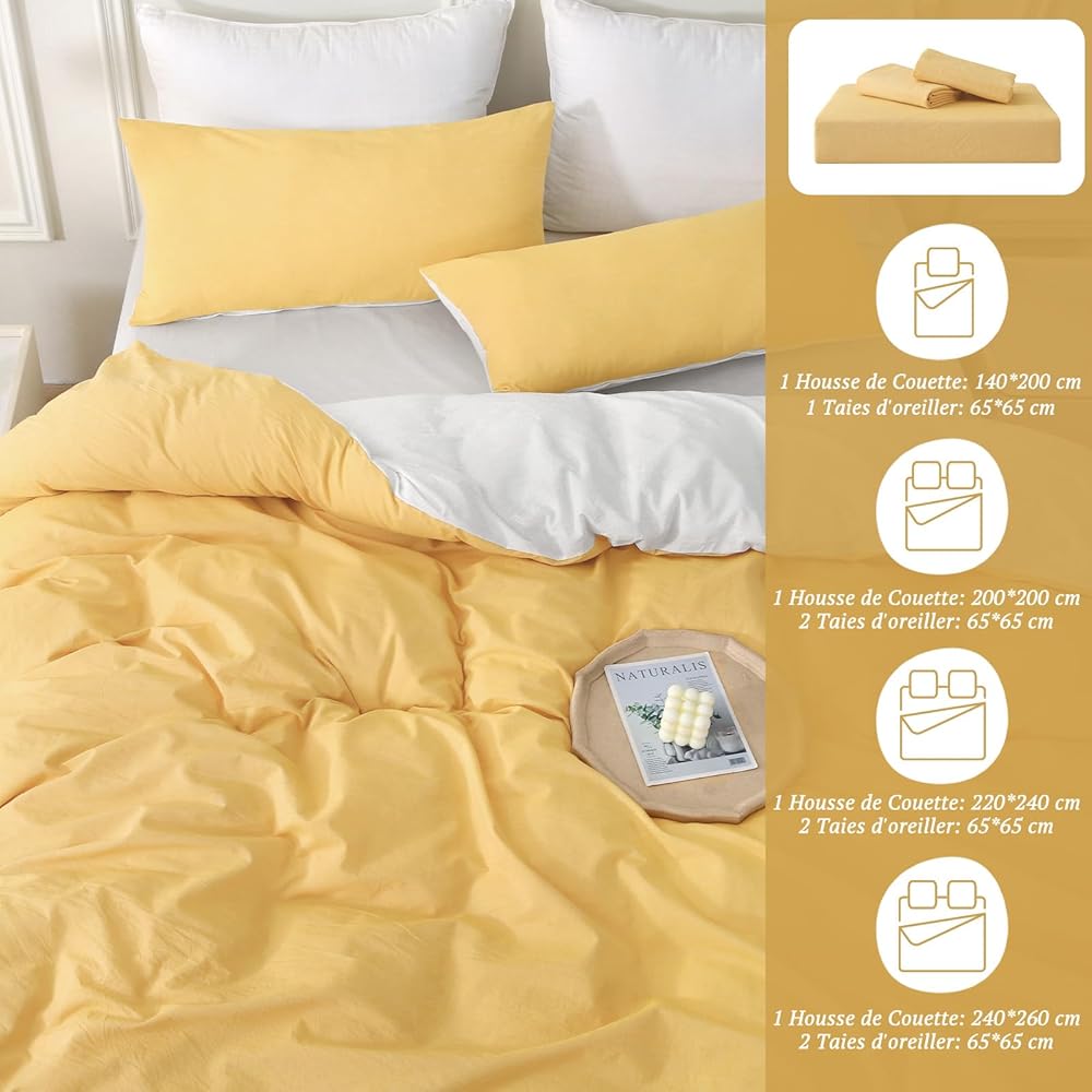 SOULFUL Housse de Couette 240x260 Coton, Jaune Ensembles de Housse de Couette avec Fermeture Éclair, 100% Coton Lavé, Texture Lin, Parure de Lit 240x260 Coton avec 2 Taie d'oreiller 65x65 cm : Cuisine et Maison