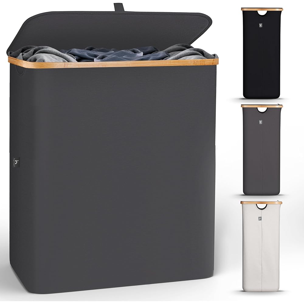 HENNEZ Panier à Linge Sale 140L - Panier a Linge 2 Compartiment - Bac a Linge Sale Pliable avec Couvercle, Poignée en Bambou - Corbeille a Linge pour Buanderie, Gris Fonce : Cuisine et Maison