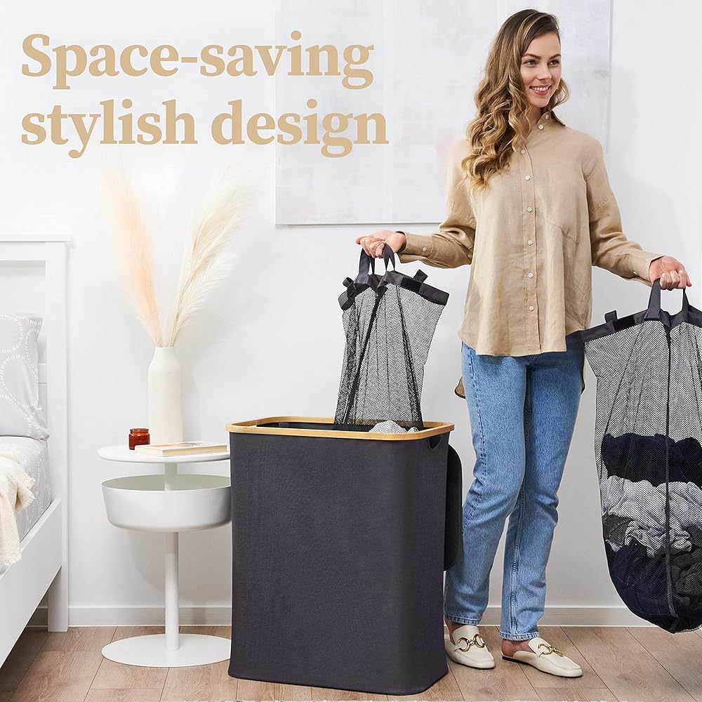 HENNEZ Panier à Linge Sale 140L - Panier a Linge 2 Compartiment - Bac a Linge Sale Pliable avec Couvercle, Poignée en Bambou - Corbeille a Linge pour Buanderie, Gris Fonce : Cuisine et Maison