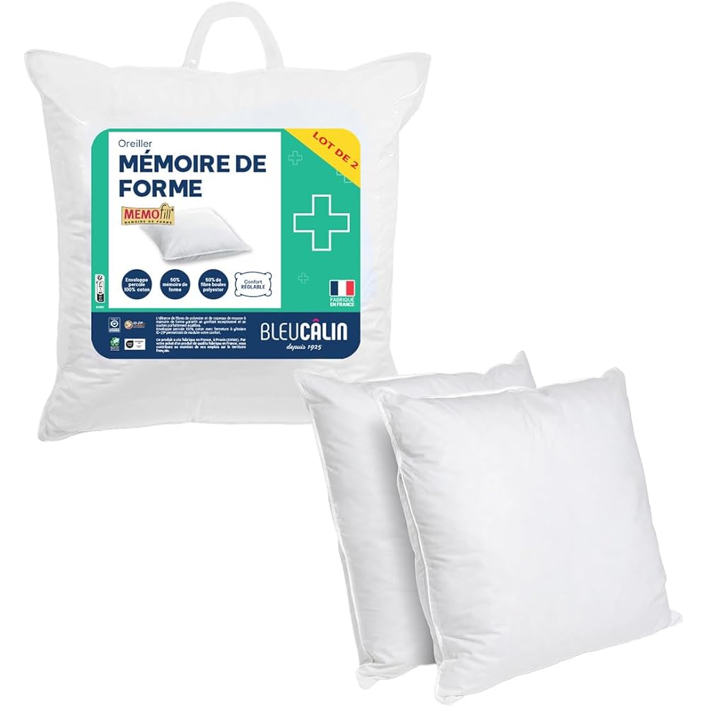 Bleu Câlin Lot de 2 Oreillers Carrés Mémoire de Forme, Barrettes mousse à mémoire de forme et fibre polyester, 60 x 60 cm, Blanc : Bébé et Puériculture