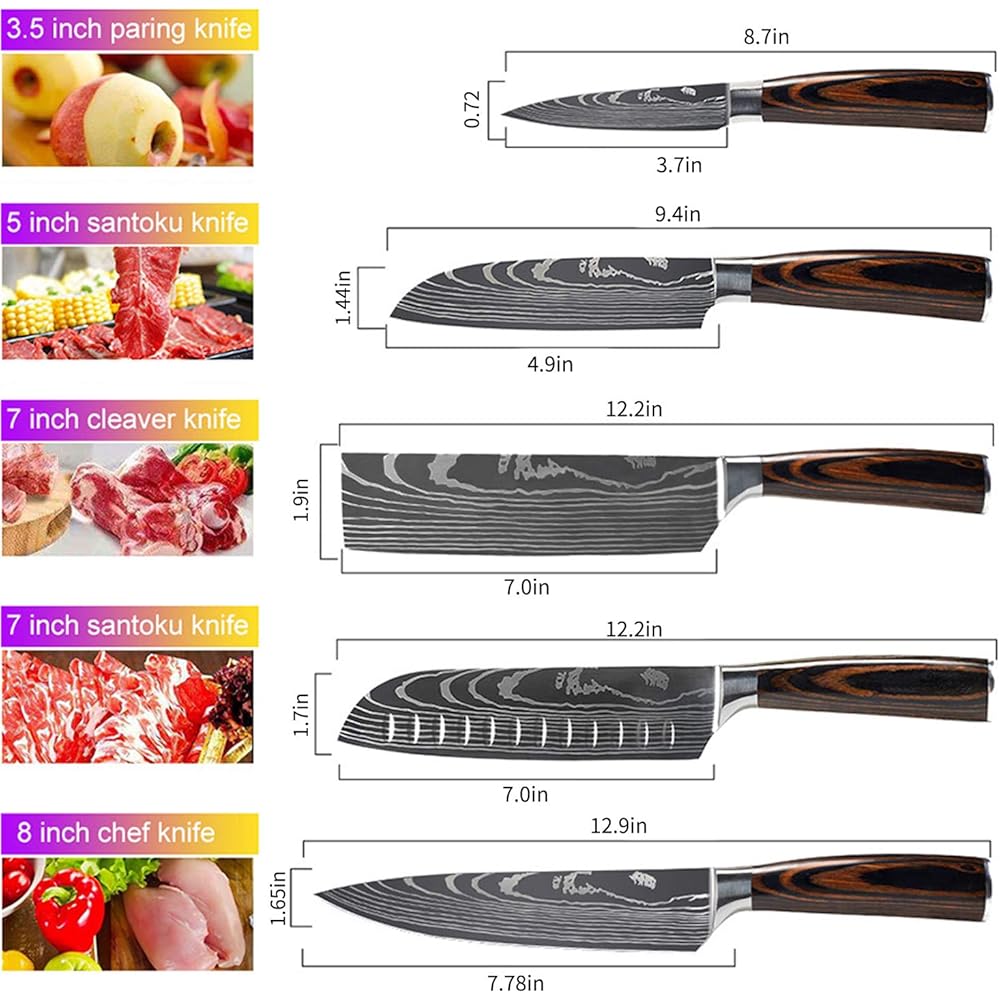 MDHAND Couteaux de Cuisine, Couteau Japonais Tranchant en acier inoxydable en plusieurs tailles avec Poignée confortable, Couteau de Chef Antirouille Cuisine et Cadeau Disponibles (5PCS) : Cuisine et Maison