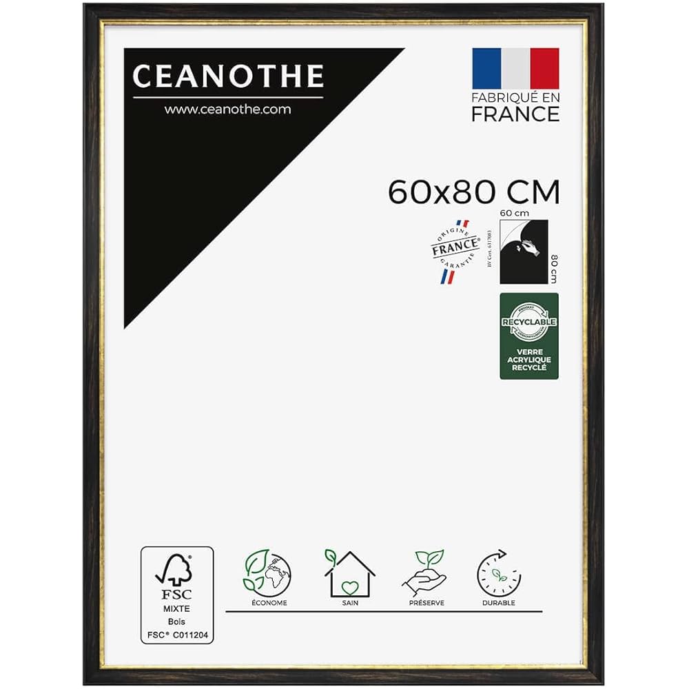 Ceanothe Cadre Photo 60x80 cm Noir Finition Doré Convient au A2 et Affiche Poster Style Baroque Elegant Noble Collection Pandore en Bois FSC Verre Acrylique Incassable Fabriqué en France : Cuisine et Maison