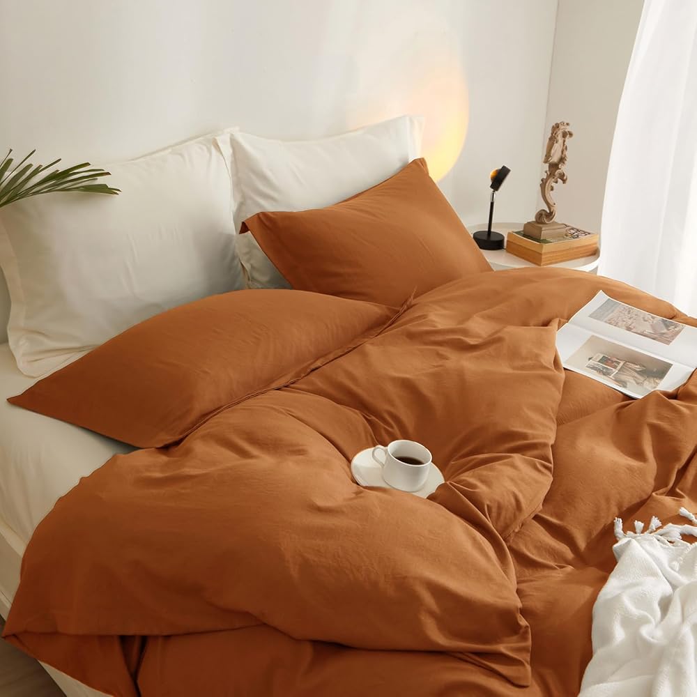 Parure de lit exclusive 3 pièces en terre cuite, orange brûlé doux et rouille – Grand lit (228,6 x 228,6 cm) avec fermeture éclair et 2 taies d'oreiller – Parure de lit en microfibre pour l'automne : Cuisine et Maison
