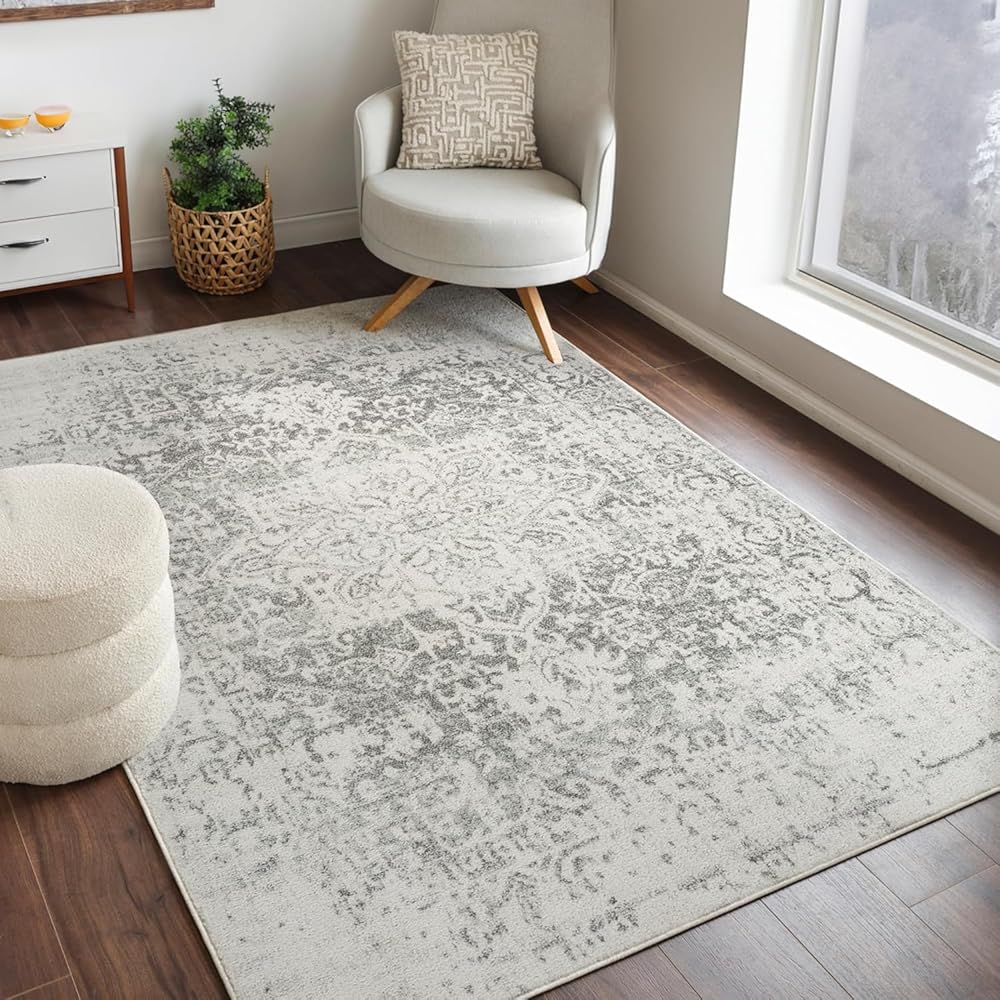 Livabliss Syracusa Tapis Vintage - Tapis de Salon, Salle à Manger, Chambre, Cuisine - Boheme Chic, Design Traditionnel Oriental Multicolore, Coloré Poil Court 160x220 cm - Gris et Ivoire : Cuisine et Maison