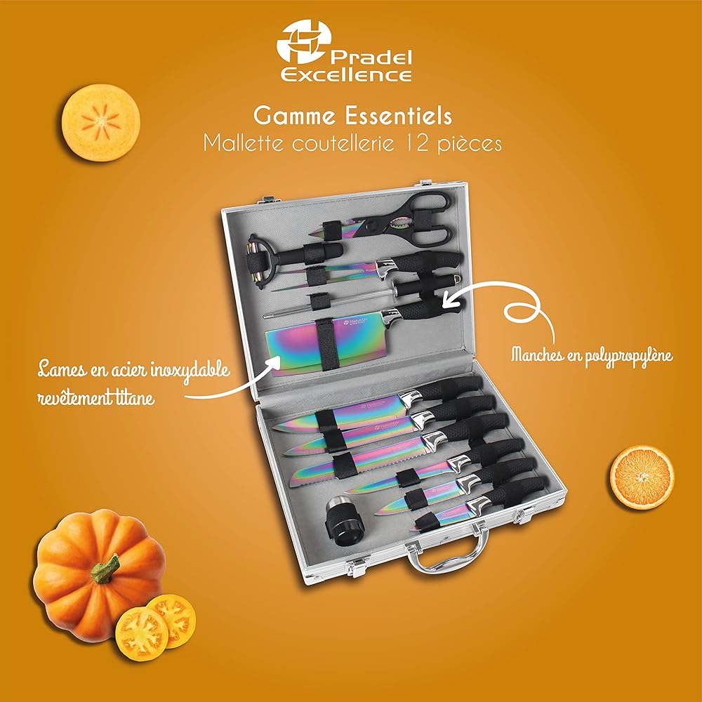 Pradel Excellence - Malette Coutellerie Essentiels 12 Pièces - 8 Couteaux + 1 Fusil d’Affûtage + 1 Fourchette + 1 Paire de Ciseaux + 1 Salière - Acier 3CR14, Revêtement Titane - Boîte Couleur : Cuisine et Maison