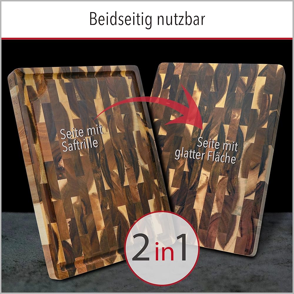 CULILUX® Gourmet Planche à découper L en bois d'acacia double face 40 x 30 x 3 cm avec rainure à jus en bois de cerveau antiseptique comme planche à découper et pour servir : Cuisine et Maison