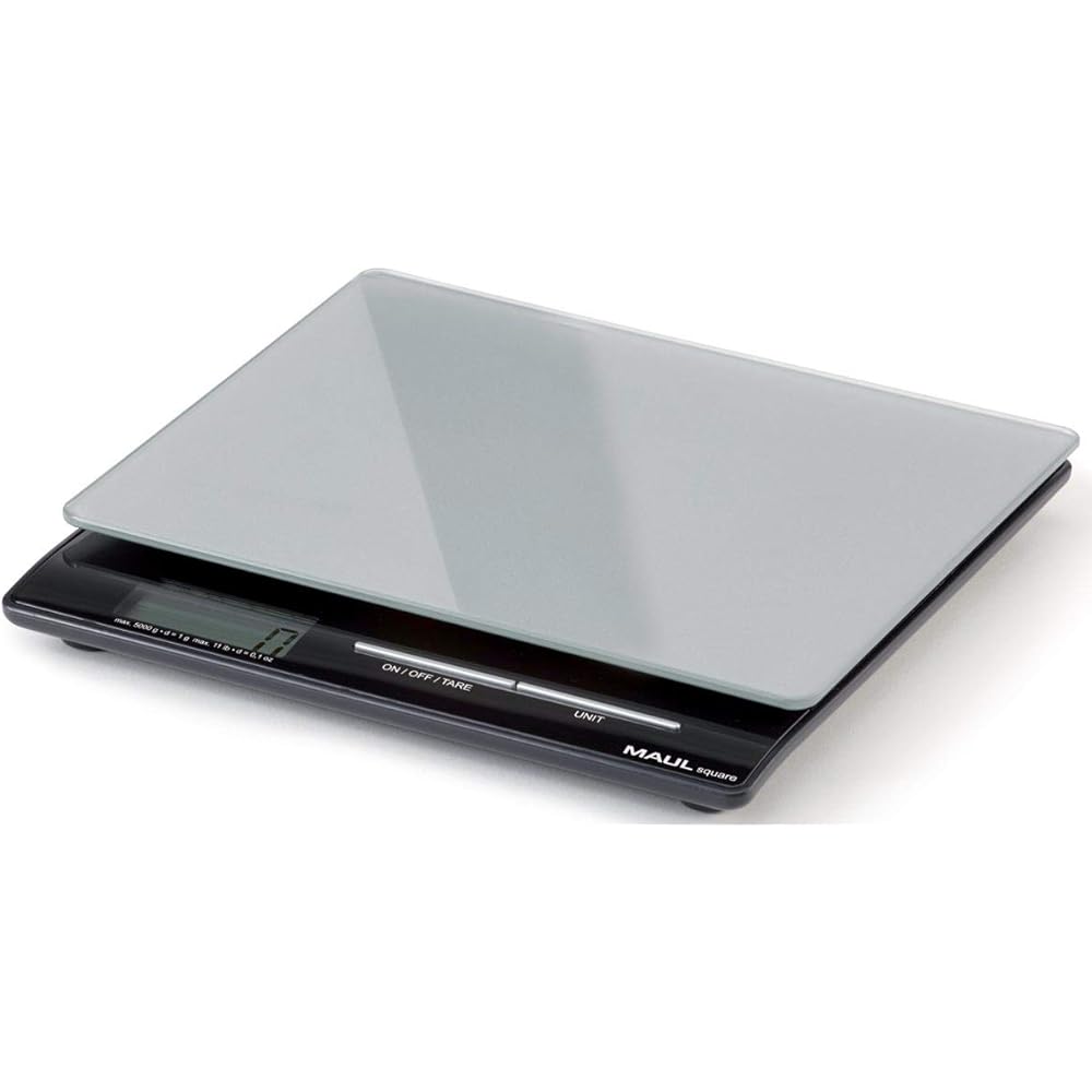 MAUL pese lettre MAULsquare 18,5x15cm | Balance stable jusqu'à 5000g | Balance de cuisine avec surface en verre | Mise à zéro automatique et arrêt automatique | Piles incluses | Argenté : Cuisine et Maison