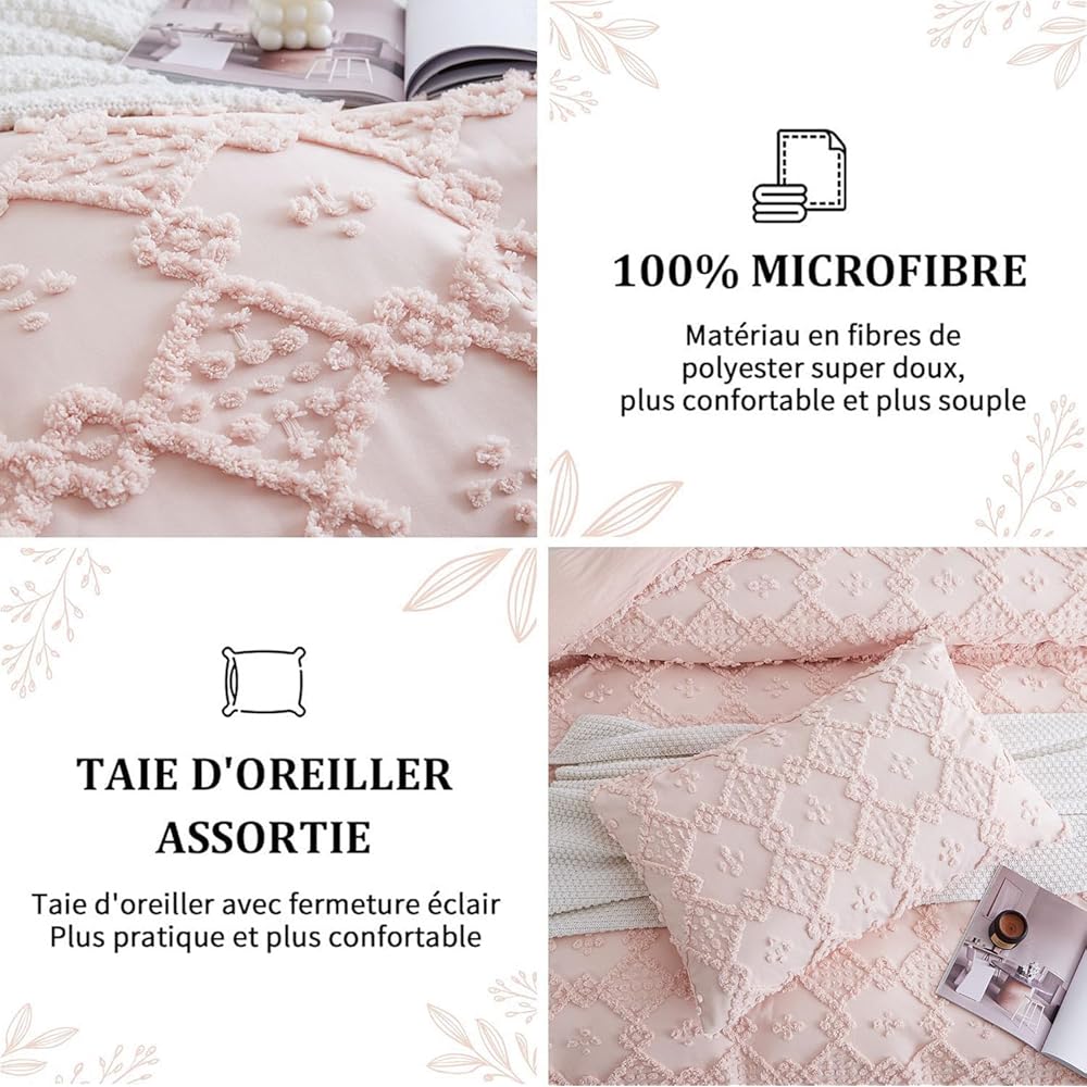 Tospass Housse de Couette Bohème Style 240x260cm Rose Tuftée Broderie Parure de lit Adulte Boho 2 Personnes avec Fermeture Éclair Parure Housse Couette en Microfibre avec 2 Taie d'oreiller 65x65cm : Cuisine et Maison
