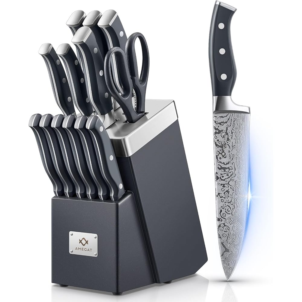 AMEGAT Couteau Cuisine, 14 Pièces Bloc de Couteaux avec Technologie Affûteur Intégré, Couteaux de Cuisine en Acier Inoxydable, avec Bloc Couteaux en Bois, Compris Couteaux à Steak, Couteau de Chef : Cuisine et Maison