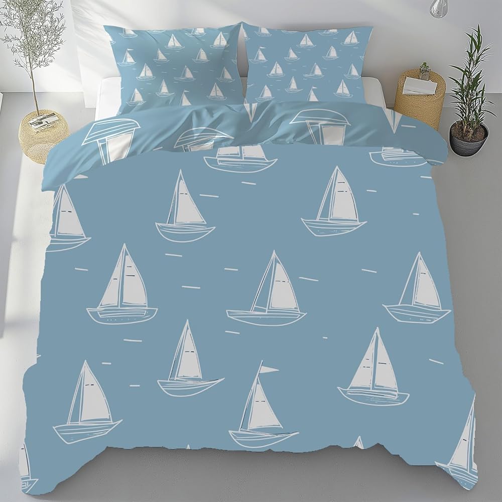Sobhdga Parure de Lit Voilier Thème Nautique Côtier Aventure, Housse de Couette Thème de l'océan Réversible 220x240 2 Personnes Microfibre Douce avec Fermeture Éclair avec 2 Taies d'oreiller : Cuisine et Maison