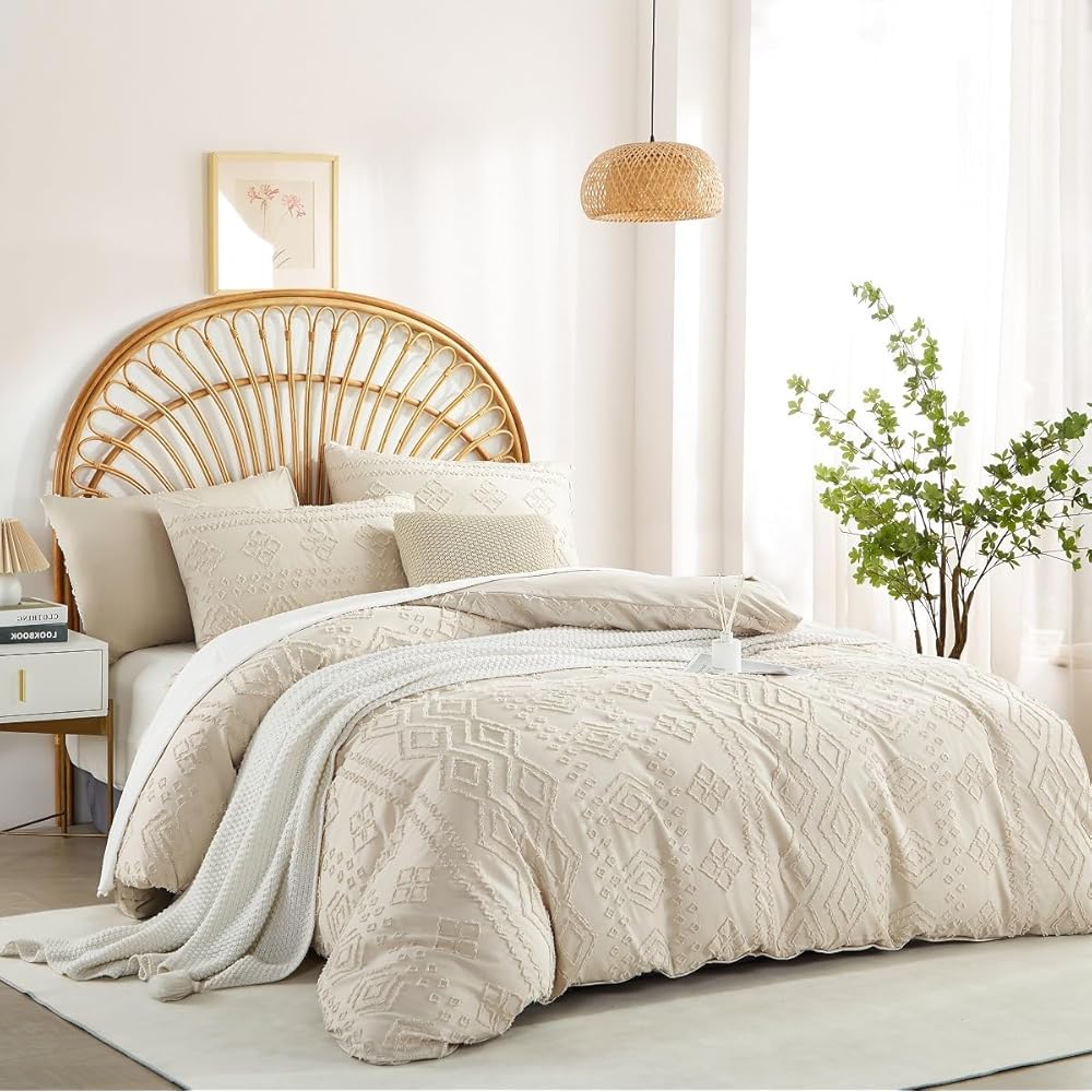 Sedefen Bohème Housse de Couette 240x260 cm Beige Tuftée Broderie Parure de Lit 2 Personnes Adulte Ado Shabby Chic Boho Linge de lit Avez Fermeture Éclair et 2 Taies d'oreiller 65x65cm : Cuisine et Maison