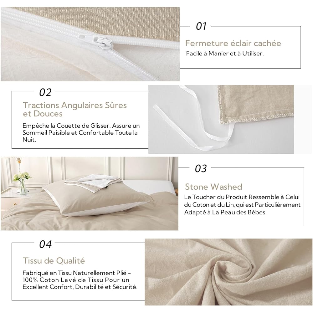 MILDLY Housse de Couette 240x260 Coton, 100% Coton Lavé Parure Housse Couette, Certifié Oeko-TEX, Chameau Beige Parure de Lit 240x260 Coton avec Fermeture Éclair avec 2 Taie d'oreiller 65x65 cm : Cuisine et Maison