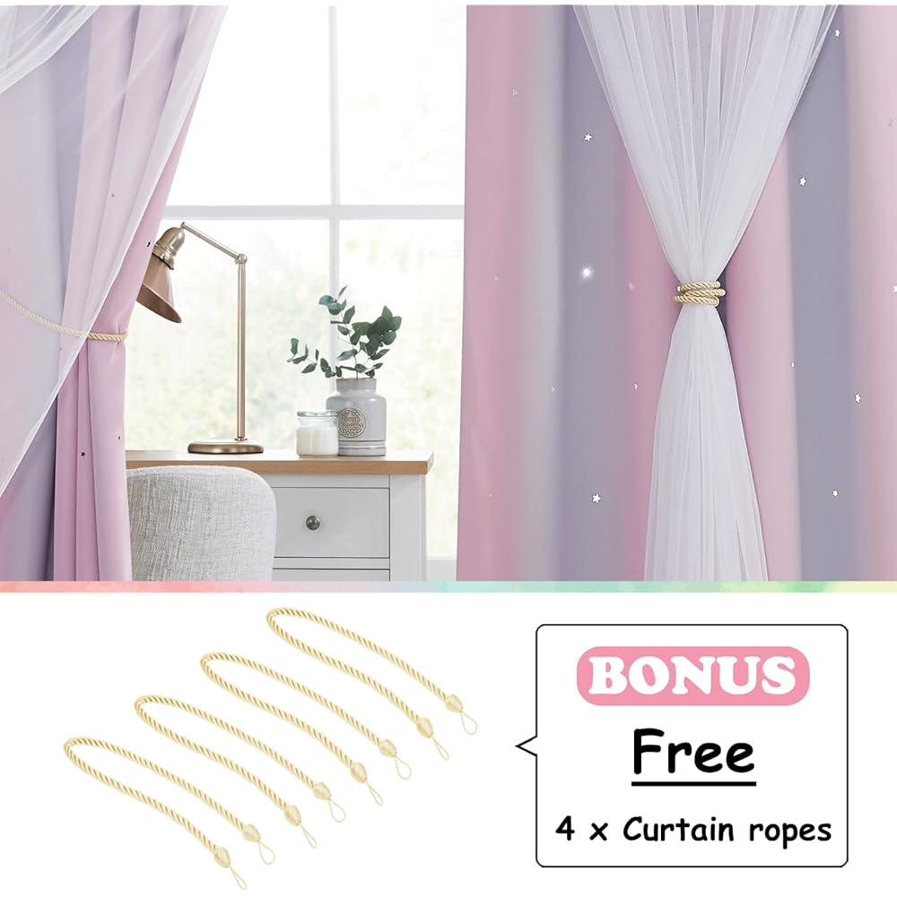 NICETOWN Rideau Chambre Fille - Rideaux Occultant avec Blanc Voilages Décoration pour Chambre Enfant Motif Forme Etoiles à Oeillets, L 132 sur H 240 cm, Rose + Violet, 2 Pièces : Cuisine et Maison