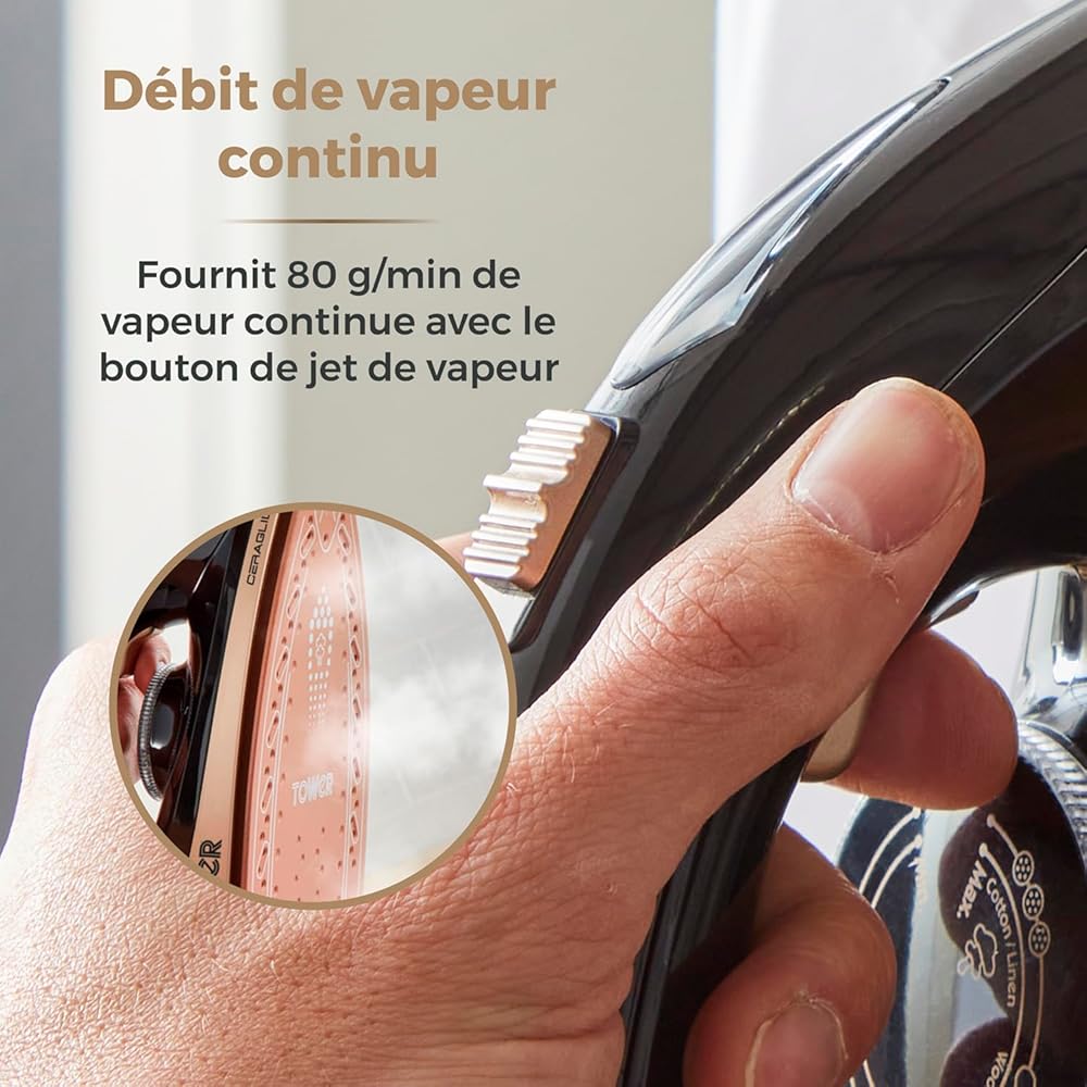 Tower T22023GLD Centrale Vapeur - Fer à Repasser Centrale Vapeur - Centrale Vapeur à Fil CeraGlide avec Bouton Steam Shot, 3 Réglages de Température - 1,2 L - 2 700 W - Champagne Doré et Noir : Cuisine et Maison
