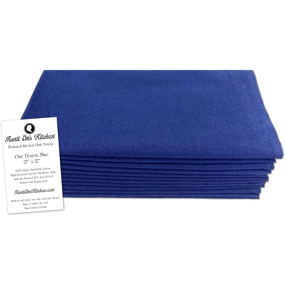 Aunti Em's Kitchen Lot de 12 torchons à vaisselle en coton naturel pour broderie et séchage du verre, uni, épais, sans peluches, très absorbants, 68 x 68 cm, bleu marine : Cuisine et Maison