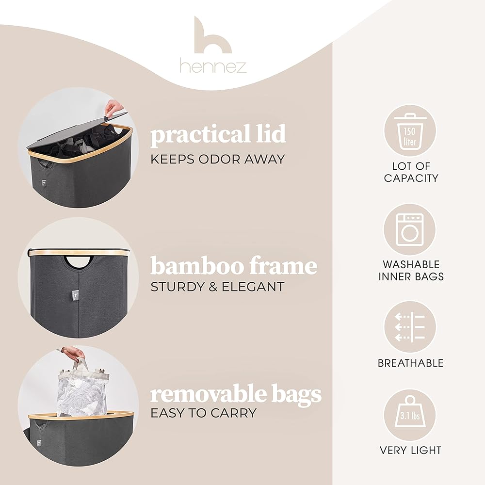 HENNEZ Panier à Linge 150L - Paniere a Linge Sale 3 Compartiment - Bac a Linge Sale Pliable avec Couvercle, Poignée en Bambou - Corbeille a Linge pour Buanderie - Panier a Linge, Gris : Cuisine et Maison