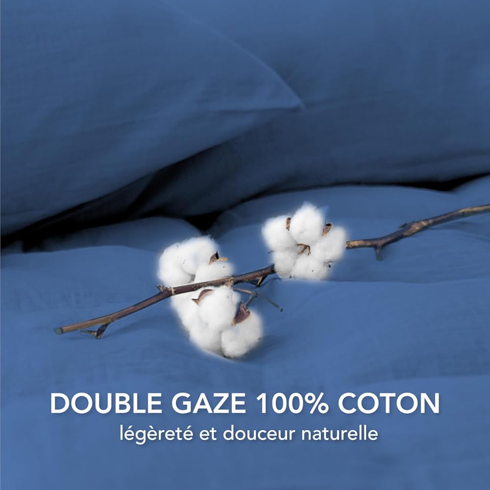 Dreamzie - Housse de Couette Gaze de Coton 240x220 cm avec 2 Taie Oreiller 80x80 cm - Bleu - Parure de Lit 240x220 Adulte - Certifié sans Produits Chimiques (Oeko TEX) : Cuisine et Maison