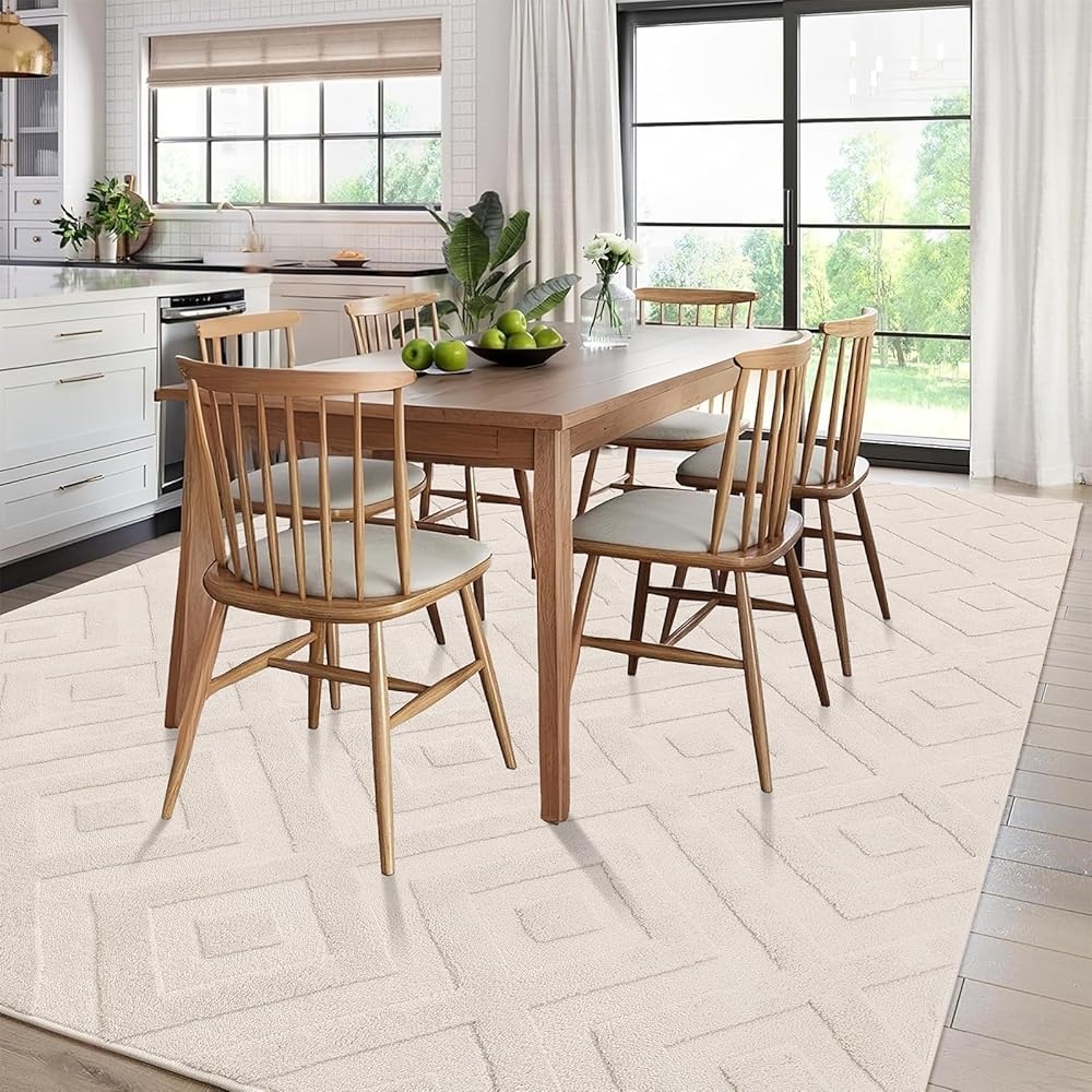 Enyhom Grand tapis géométrique doux lavable en machine pour chambre à coucher - Design moderne - Antidérapant et résistant aux taches - Pour cuisine, salle à manger, salon (crème, 140 x 200 cm) : Cuisine et Maison
