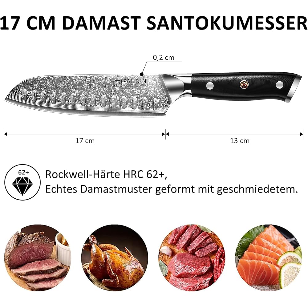 PAUDIN Couteau Santoku Damas 17 cm, couteau de chef ultra tranchant 67 couches en acier Damas avec âme japonaise VG10, couteau de cuisine professionnel avec manche ergonomique G10 : Cuisine et Maison