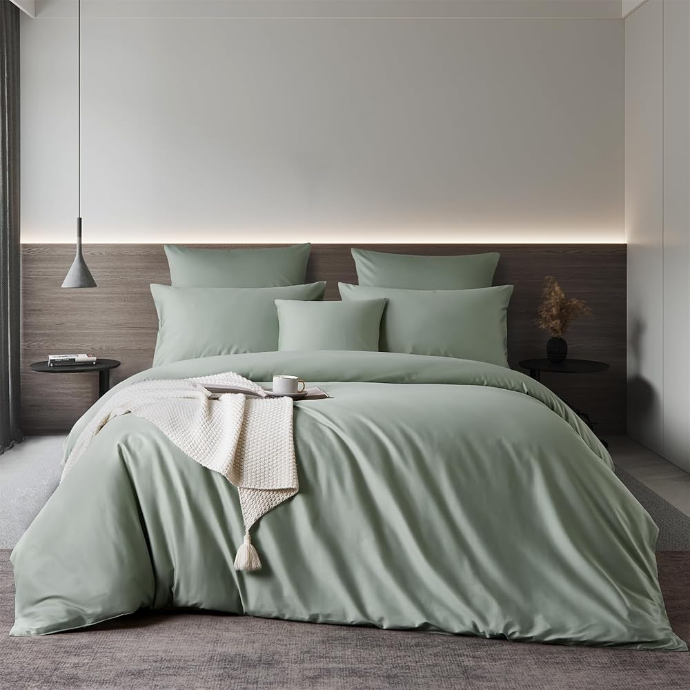Gezu Housse de Couette en Satin de Coton 220x240cm Vert 100% Coton Parure de Lit 2 Personne Naturel Coton à Longues Fibres Moderne Doux Linge de Lit avec Fermeture Éclair avec 2 Taies d'oreiller 65x65 : Cuisine et Maison