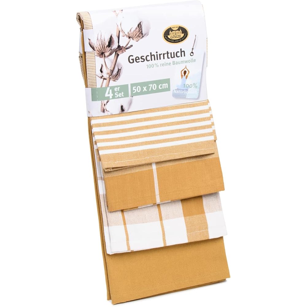 Gözze - Lot de Torchons, 4 pièces, 100% coton Tissu Jacqaurd, haute densité (200 g/m²), 50 x 70 cm - Jaune moutarde : Cuisine et Maison